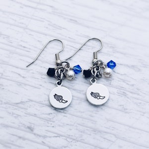 Cross Country XC Track Runner Charm Earrings, Wing Running Shoe Charm, Team, Mom, Coach, Crystal Dangle Earrings, Jewelry, Gift for Runner
