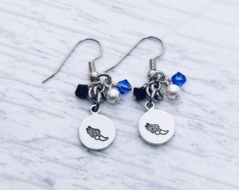 Cross Country XC Track Runner Charm Earrings, Wing Running Shoe Charm, Team, Mom, Coach, Crystal Dangle Earrings, Jewelry, Gift for Runner