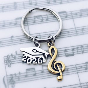 Grad Cap Music Note Charm Keychain, Key Ring, Marching Band, Guard, Choir, Orchestra, Senior Banquet, Music Major, 2026 Grad Gift