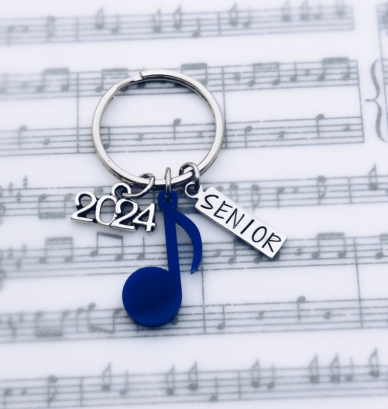 2024 Marching Band and Color Guard Senior Music Note Charm Keychain, Orchestra, Symphony, Choir, Chorus 2024 Senior Charm Key Ring Keychain image 1