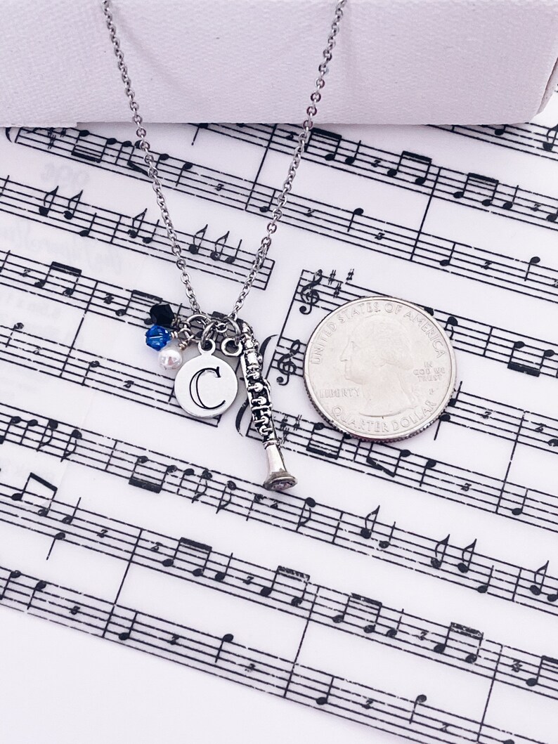 Personalized Clarinet Necklace Silver Clarinet Necklace Clarinet Musician Marching Band Orchestra Initial Charm Necklace Jewelry Gift