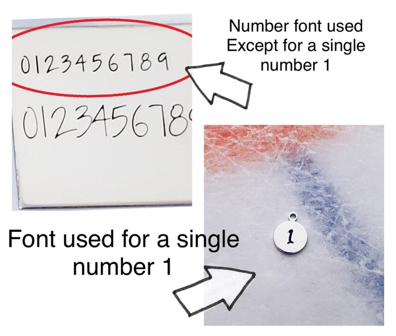 May include: A close-up of a silver charm with the number "1" engraved in a different font than the numbers "0123456789" written on a white surface.