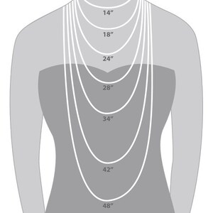 Puede incluir: Diagrama que muestra diferentes longitudes de collar en una modelo, de 14 pulgadas a 48 pulgadas.