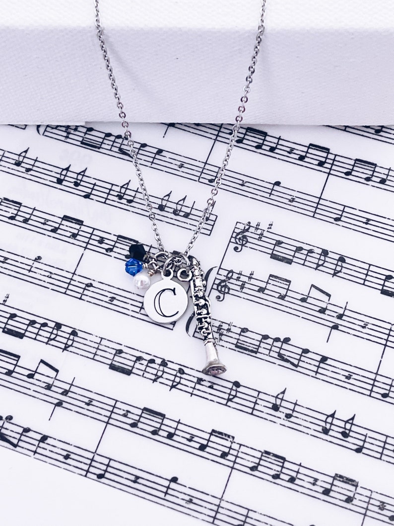 Personalized Clarinet Necklace Silver Clarinet Necklace Clarinet Musician Marching Band Orchestra Initial Charm Necklace Jewelry Gift