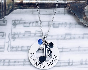 Band Mom Silver Music Note Charm Necklace, Marching Band Mom, Hand Stamped Charm Jewelry, Marching Band Season Band Mom Gift, Band Mom Pride
