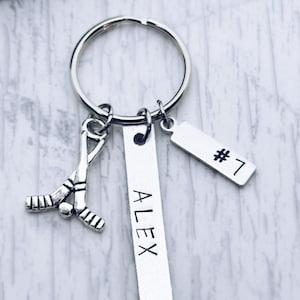 Personalized Hockey Stick Charm Keychain, Ice Hockey Player, Goalie, Coach, Manager, Mom, Senior, Graduation, 16th Birthday, Key Ring, Gift