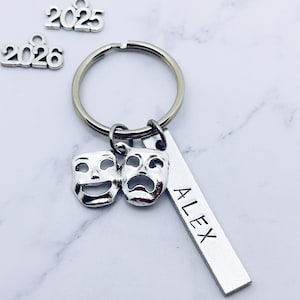 Theater Comedy Tragedy Mask Charm Personalized Keychain, Drama Theater Gift, Theater Kid, Actor, Coach, Senior, Grad, Theatre Gift