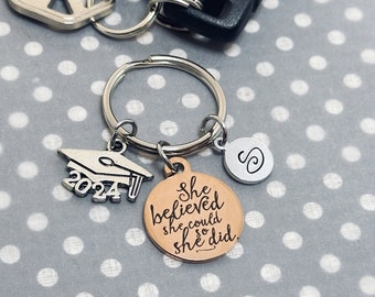 She Believed She Could So She Did 2024 Graduation Cap Rose Gold Charm Keychain, Grad Quote Gift for Her, Class of 2024 Key Ring Keychain