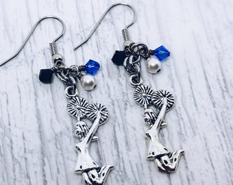 Cheerleader Pom Dangle Earrings, Custom Team Colors, Glass Crystal French Hooks