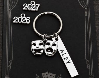 Theater Comedy Tragedy Mask Personalized Charm Keychain, Senior Banquet, Grad, 16th Birthday Key Ring, Bag Tag, Gift