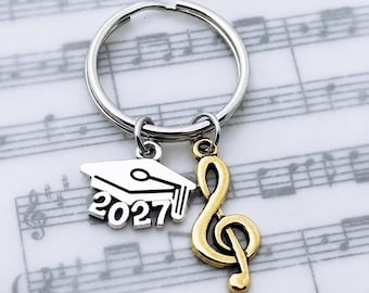 Grad Cap Music Note Charm Keychain, Key Ring, Marching Band, Guard, Choir, Orchestra, Senior Banquet, Music Major, 2027 Grad Gift