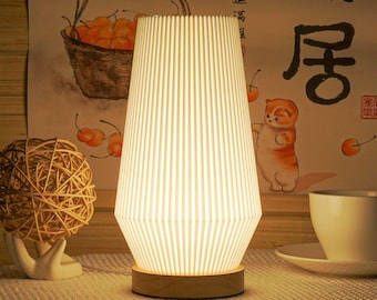 3D Printed Bedside Table Lamp: Striped Dual Cone, Wooden Base, USB Powered