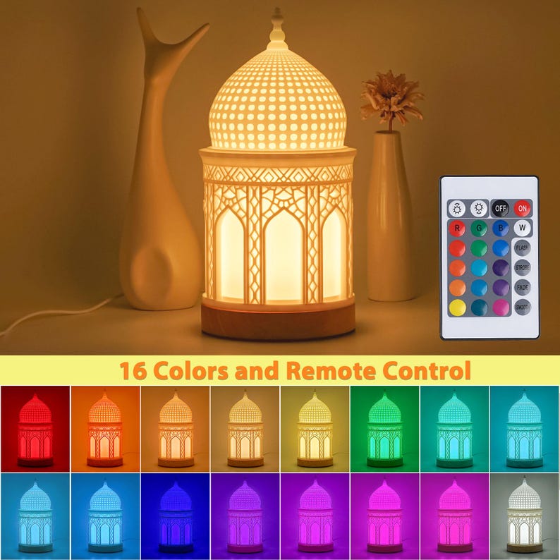 May include: A white ceramic lamp shaped like a mosque with intricate cutouts. The lamp has a remote control with 16 color options. The text "16 Colors and Remote Control" is displayed below the lamp.