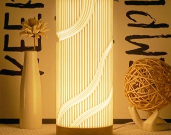 3D Printed Table Lamp: Vertical Stripes, Wooden Base, 16-Color LED Christmas gifts for Mom Girls Her