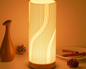 Modern Striped Cylinder Lamp: LED Bedside Table Light with Wooden Base