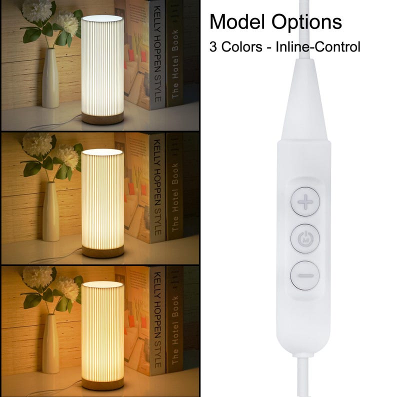 May include: A white table lamp with a cylindrical shade and a wooden base. The lamp has an inline control switch with buttons for power, brightness, and color temperature.
