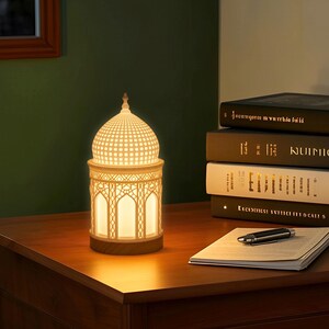 May include: A white ceramic lamp shaped like a mosque with intricate details and a warm glow. The lamp is sitting on a wooden table next to a stack of books and a notebook.