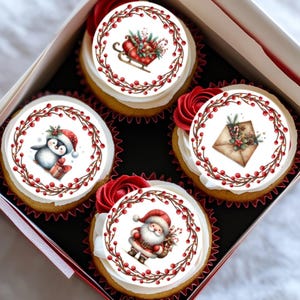Edible cupcake toppers- red rustic Christmas, 15 different designs and 4 available sizes