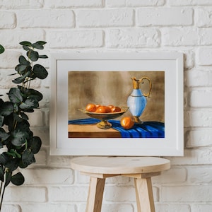 Original vintage still life watercolor with oranges, classic pitcher and fruit bowl, warm kitchen wall art, hand-painted artwork A4 present
