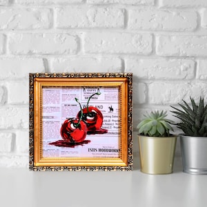Red Cherry 3D Painting, Newspaper Art, Original Cherry Painting, Fruit Wall Art Kitchen Decor Small Painting Realistic Art Cherry Still Life