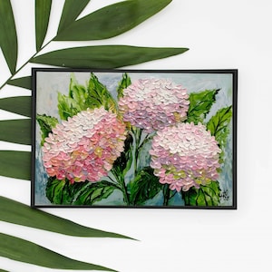 Pintura al óleo de hortensia rosa / Arte floral original sobre cartón / Obra de arte con espátula texturizada / Decoración de pared botánica / Regalo para ella
