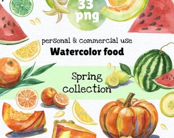 Fruits and Vegetables Watercolor Clipart Set, 33 PNG Illustrations, Digital Download for Commercial Use