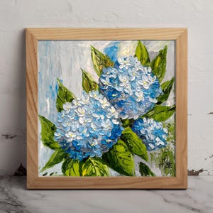 Blue Hydrangea 3D Oil Painting Textured Floral Wall Art, 10x10&quot;