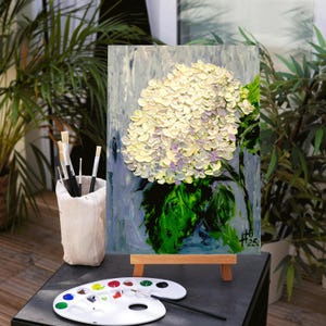 Pintura al óleo original de hortensia blanca – Arte floral con espátula sobre cartón – Decoración floral de pared con textura empastada – Regalo botánico para ella
