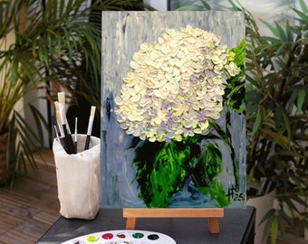Textured White hydrangea oil painting palette knife floral art on cardboard 11.7x8.2 inches