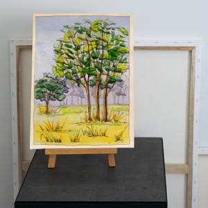 Paesaggio ad acquerello con alberi, rifinito con inchiostro Schizzo della natura Arte per interni formato A4 Arredamento per la casa Regalo Acquerello d'autore Eco arte