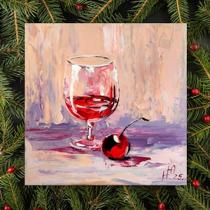 3D Oil Painting &quot;Cherry Wine&quot; - Original Home Decor for Wine Lovers, 8x8 inches
