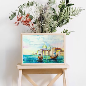 Dipinto Venezia Italia Acquerello Arte originale Venezia sull'acqua Gondole Regalo arte murale Mano Miniatura Paesaggio marino Paesaggio d'epoca