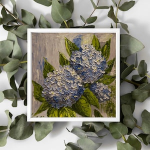 Pintura al óleo 3D de hortensia azul, arte texturizado, pintura botánica, arte floral moderno, regalo único, decoración de oficina, arte de Etsy, flores impresionistas