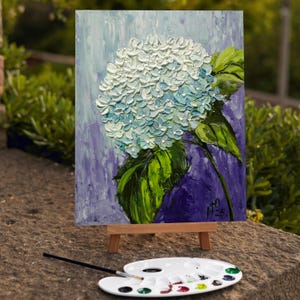 Peinture à l'huile originale 3D d'hortensia bleu - Art floral au couteau - Toile texturée de fleurs - Décoration murale botanique - Cadeau romantique fait main