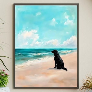 Labrador at The Beach Art Print, Dog Wall Art, Pet Portrait, Dog Lover Gift, Black Lab Print, Summer Beach Seaside Dog Art, Labrador Gifts