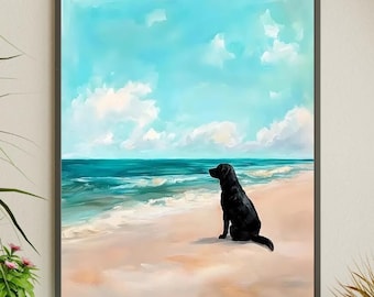 Labrador at The Beach Art Print, Dog Wall Art, Pet Portrait, Dog Lover Gift, Black Lab Print, Summer Beach Seaside Dog Art, Labrador Gifts