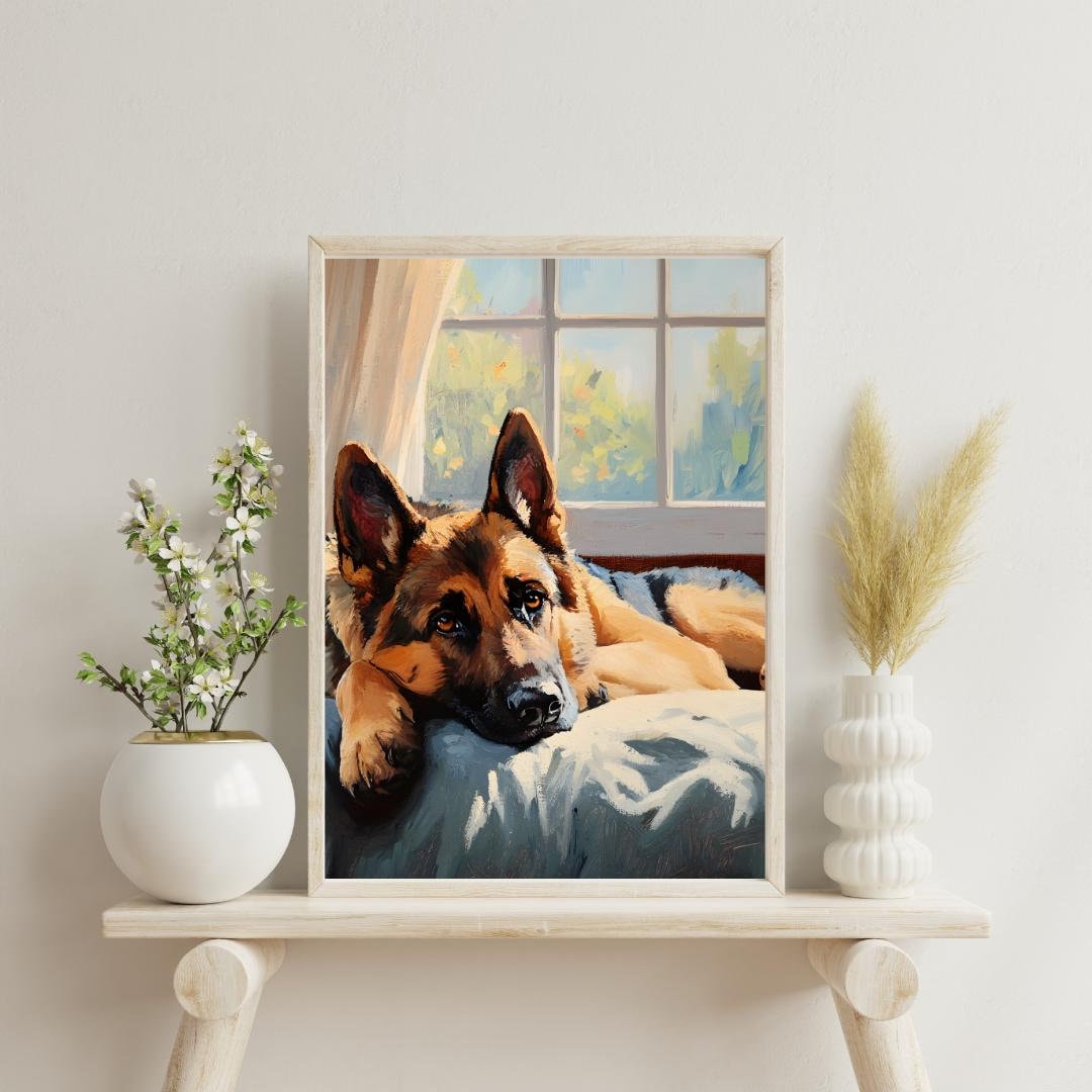 German Shepherd Art Print, Dog on a Bed Print, Rustic Dog Art Poster, Dog Painting, Country Wall Art, Farmhouse Decor, Gift for Dog Lovers