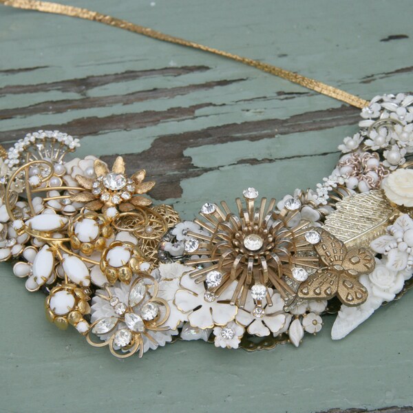 White Gold Vintage Brooch Collage necklace Statement  Bridal Prom Milk Glass OOAK Bride Pearl Fantasy Snow Queen Gold Filled