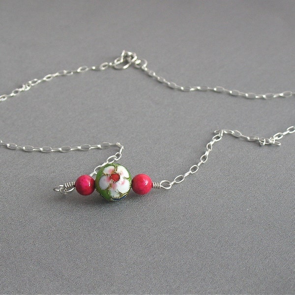 Sterling Silver Pink green Sloan necklace wire wrapped cloissone preppy delicate
