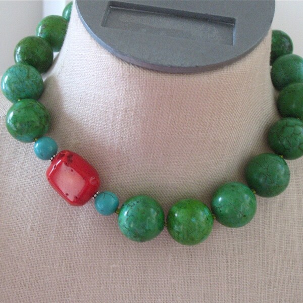 Red Green Turquoise Chunky Necklace Choker  Holiday Chrustmas Kelly  "Frida" Statement Beaded