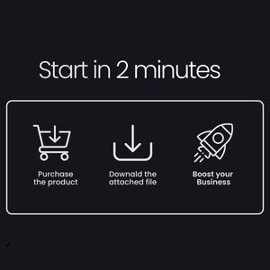 May include: A black and white illustration showing three steps to start in 2 minutes. The first step is to purchase the product, the second step is to download the attached file, and the third step is to boost your business.