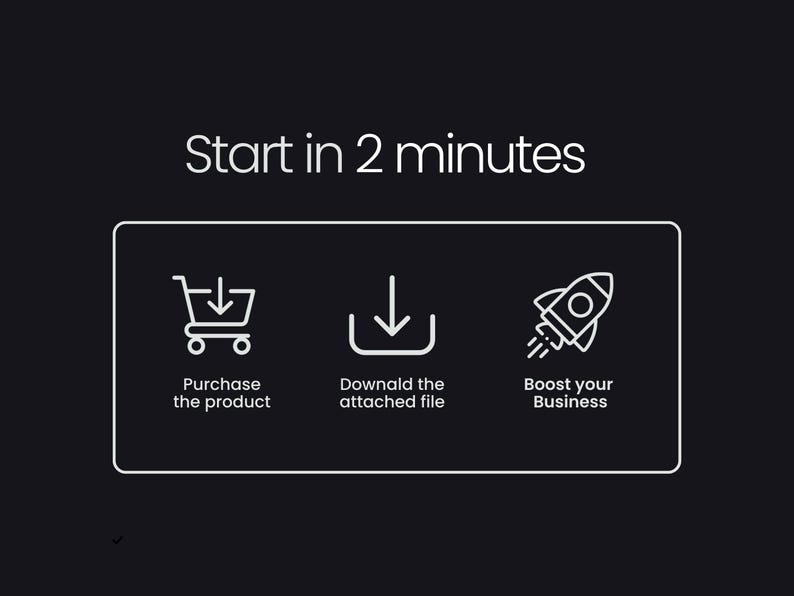 May include: A black and white illustration showing three steps to start in 2 minutes. The first step is to purchase the product, the second step is to download the attached file, and the third step is to boost your business.