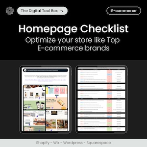 Könnte beinhalten: Eine Checkliste zur Optimierung der Homepage eines E-Commerce-Shops. Die Checkliste ist in Abschnitte für Shopify, Wix, Wordpress und Squarespace unterteilt. Die Checkliste enthält Punkte wie das Hinzufügen eines klaren Wertversprechens, die Präsentation beliebter Produkte und die Einbindung von Kundenbewertungen.