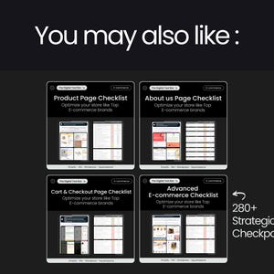 May include: Four checklists for optimizing an e-commerce store, titled "Product Page Checklist", "About us Page Checklist", "Cart & Checkout Page Checklist", and "Advanced E-commerce Checklist". Each checklist has a screenshot of a computer screen with a list of items. The text "280+ Strategic Checkpoints" is in the bottom right corner.