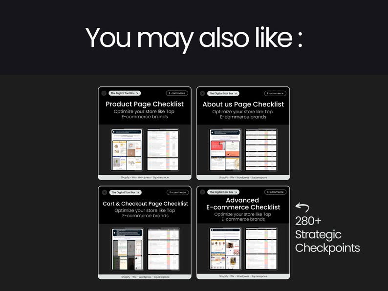 May include: Four checklists for optimizing an e-commerce store, titled "Product Page Checklist", "About us Page Checklist", "Cart & Checkout Page Checklist", and "Advanced E-commerce Checklist". Each checklist has a screenshot of a computer screen with a list of items. The text "280+ Strategic Checkpoints" is in the bottom right corner.