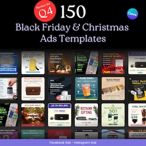 May include: A promotional image for Black Friday and Christmas ad templates. The image features a grid of 150 ad designs with various product mockups, text, and graphics. The Canva logo is visible in the upper right corner.