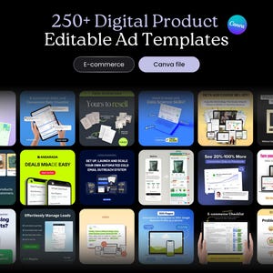 Op de afbeelding: Een collage van 12 kleurrijke digitale product-advertentie sjablonen voor Etsy-verkopers. De sjablonen behandelen verschillende onderwerpen, waaronder marketing, social media en e-commerce. De tekst "250+ digitale product-advertentie sjablonen bewerkbaar" staat bovenaan de afbeelding. De tekst "E-commerce" en "Canva-bestand" staan in knoppen onder de titel.