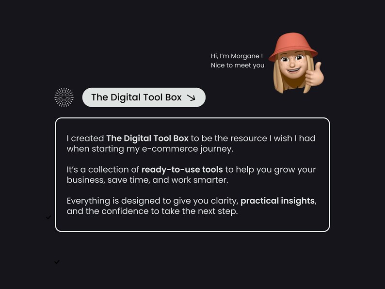 May include: A digital tool box for e-commerce businesses. The text reads "I created The Digital Tool Box to be the resource I wish I had when starting my e-commerce journey. It's a collection of ready-to-use tools to help you grow your business, save time, and work smarter. Everything is designed to give you clarity, practical insights, and the confidence to take the next step."