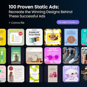 Puede incluir: Un collage de 12 anuncios diferentes para redes sociales que muestran varios productos y servicios. Los anuncios presentan una variedad de colores, fuentes e imágenes, que incluyen una taza, un tazón de fideos, un par de zapatos, un producto para el cuidado de la piel y una fiambrera. El texto de los anuncios incluye frases como "20% de descuento", "poción mágica absoluta" y "el almuerzo saludable definitivo".