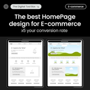 Può includere: Grafica nera con il testo "The best HomePage design for E-commerce" e "x5 your conversion rate". Due tablet mostrano design di siti web. L'angolo in alto a sinistra ha il testo "The Digital Tool Box" e l'angolo in alto a destra ha il testo "E-commerce".